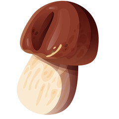 A Single Cartoon Boletes Mushroom With A Brown Cap And White Stem On A Transparent Background