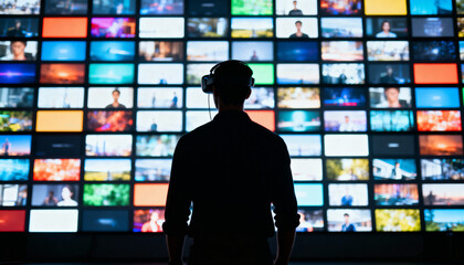 Man wearing vr headset watching multiple screens in dark control room, digital media browsing and immersive technology concept for entertainment, research and innovation