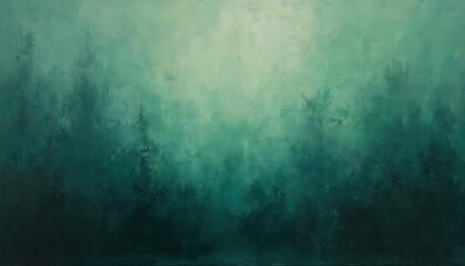 Fototapeta premium Abstract green textured background shows light to dark gradient with hazy brushstrokes. Dark forest shapes emerge from deep fog. Deep green, teal tones create mysterious, melancholic mood for art,