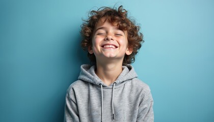 Smiling young boy poses in a grey hoodie against a blue backdrop. Curly hair frame his face enhancing the portrait. This photo captures his happy, joyful emotions.