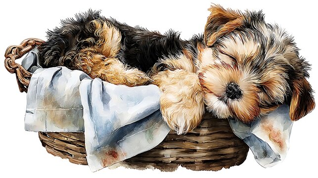 Watercolor realistic close-up of a sleeping cavapoo puppy resting on a soft white pillow Home and Nursery Decor Digital Art and Print Bundles
