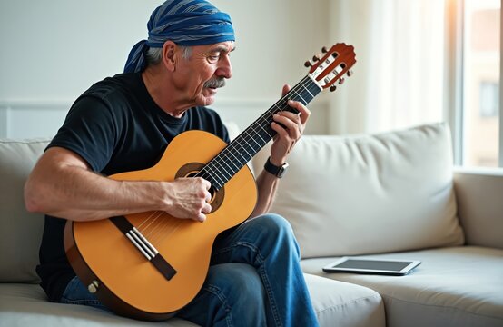 Elderly man with mustache and bandana plays acoustic guitar while sitting on sofa. He is indoors in a living room using a tablet device for lessons or music.