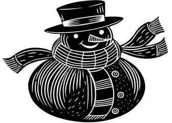 Black and white smiling snowman vector silhouette wearing a top hat and scarf for winter holiday designs