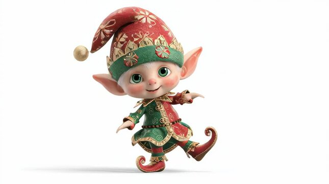 Cute 3d christmas elf dancing on white back