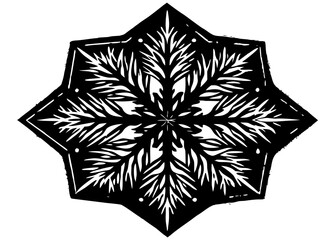 'Ornate snowflake vector silhouette with intricate leaf patterns and an eight pointed star shape'