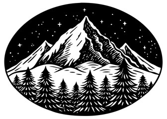 Mountain landscape vector silhouette featuring towering peaks and a forest of pine trees under a starry night sky in an oval frame