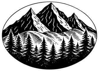 Captivating vector silhouette of a majestic mountain range with evergreen pine trees in a decorative oval frame