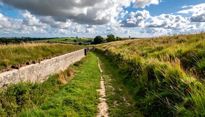 Fototapeta premium Grassy path leads between concrete banks under bright skies, farmland backdrop, and light wispy clouds