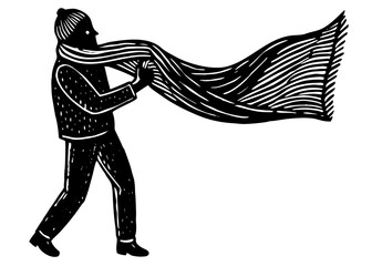 Person wearing a winter hat and long flowing scarf caught in a strong wind vector silhouette graphic illustration