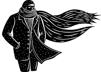 Vector silhouette of a mysterious man bundled in a warm coat with a long scarf dramatically blowing in the wind