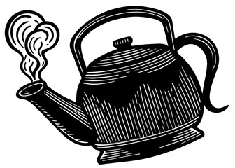 Steaming kettle vector silhouette in a traditional woodcut style brewing hot water for tea or coffee