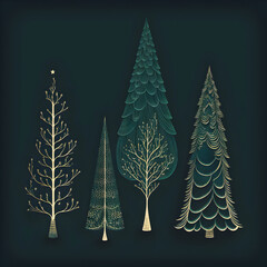 Golden and Green Firs – Vintage Christmas Illustration on Dark Green