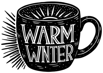 Warm winter vector silhouette mug featuring cozy typography and radiating steam lines for comfort