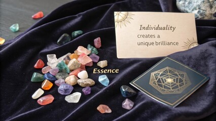 A flat lay of colorful gemstones scattered on dark fabric