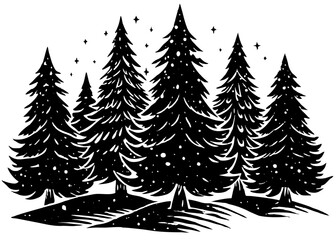 Obraz premium Winter forest pine trees vector silhouette with falling snow and stars in a natural landscape