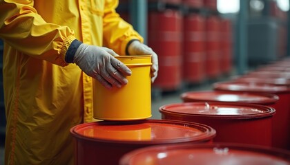 Worker in protective suit holding yellow paint can. Many red barrels stand in row. Employee works at manufacture in warehouse. Industry pro in hazard suit operates with chemicals container.