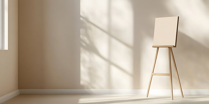 Easel stands ready in sunlit room, canvas awaiting inspiration. Light and shadow dance, creating an inviting space for creativity to flourish. Start your next masterpiece.