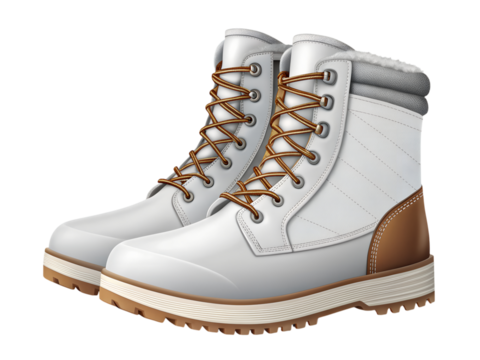 Pair of white winter boots isolated on transparent background, side view