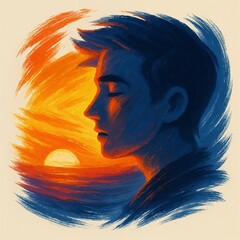 man at sunset in brushstroke