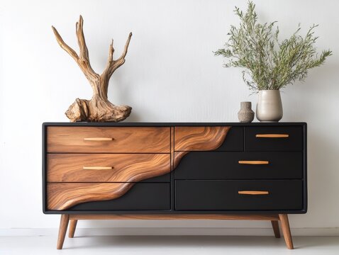 Stylish wooden dresser with unique design and natural decor accents in modern interior setting