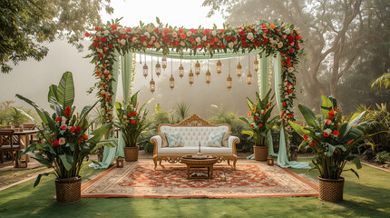 Regal Garden Stage! Stunning white/gold sofa under a rose arch. Mint drapes and Moroccan lanterns create a luxurious tropical backdrop perfect for Sangeet or Mehendi photos.