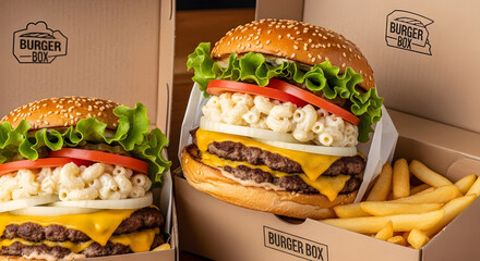 소고기 패티와 마카로니가 토핑으로 들어간 햄버거 번들 세트.