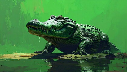 Green alligator sits still in a murky marshy pond, reflecting a bit in the water, with a green blurred background