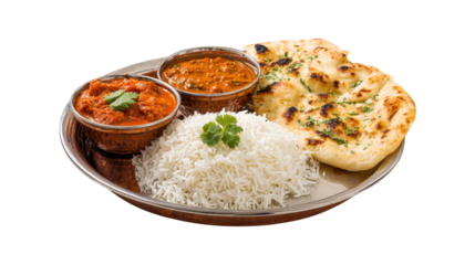 Indian Curry Rice and Naan Bread isolated on a transparent background
