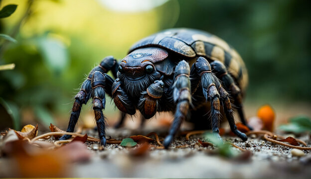 a European wolf spider crawling on the ground in the woods, surrounded by leaves and with a blurred background.
