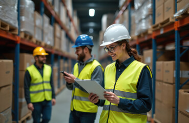 Workers in hi vis vests and hard hats walk between shelves of boxes in a warehouse. They review documents and use tech devices. Team manages inventory in a large storage facility.