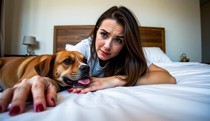 a woman laying on top of a bed with her dog, surrounded by pillows and a lamp on the table beside her. In the background, there is a wall.