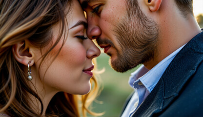 a man and woman looking at each other lovingly in a field, with a blurred background.