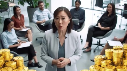 A confident Asian businesswoman addresses a group of colleagues in a modern office setting, surrounded by stacks of gold coins. - Powered by Adobe