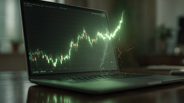 Green candlestick chart breaking through a laptop screen. Concept of financial growth, stock market success, and bullish trend. - Powered by Adobe
