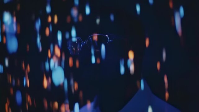 Abstract view of eyeglasses in a dark space with vibrant, out-of-focus lights