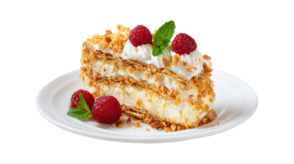 Layered pastry with cream and raspberries isolated on a transparent background