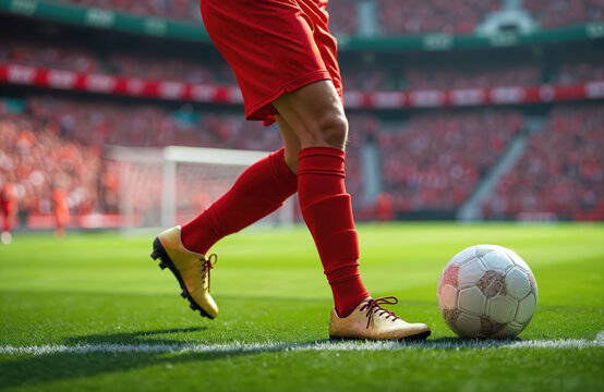 Footballer readies to kick ball at stadium corner. Player wears red uniform and golden shoes at soccer match on the field. Crowded stands full of fans.