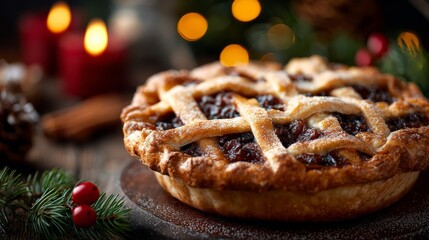 Traditional christmas mince pie with festive decorations