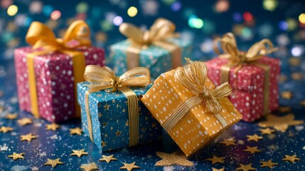 Colorful wrapped gifts for celebration on blue surface