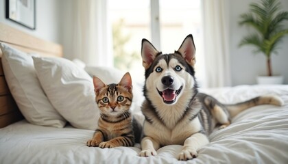 Plakat Cute husky dog with blue eyes, tabby cat snuggle together on comfy white bed in bright modern hotel room. Happy pet friendly animal companions relax, looking at camera. Cozy space with natural light,
