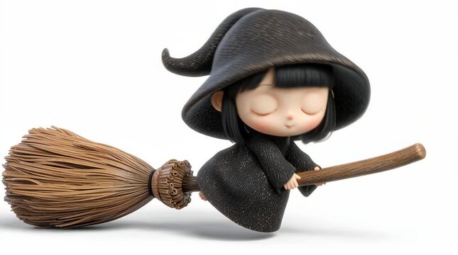 Adorable 3d cute witch broom chibi style big eyes giving cute expressions
