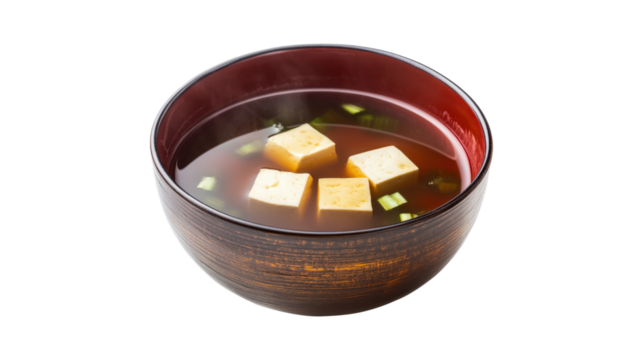 Miso soup with tofu and scallions isolated on a transparent background