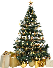 christmas tree with gift boxes and golden ornament