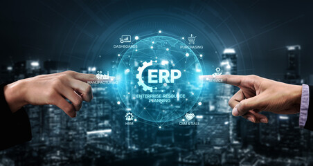 ERP platform visual showing centralized system for enterprise resource planning, improving integration, data flow, business efficiency, finance, inventory, and human resources. Spline