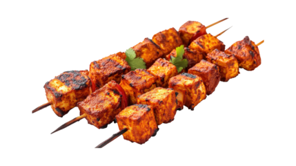 Paneer Tikka Skewers isolated on a transparent background