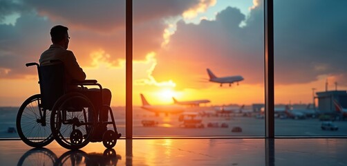 Man in wheelchair at airport terminal watches planes fly at sunset. Traveler with disability looks through window. Travel accessibility concept. Patient awaits aircraft boarding. Airport services