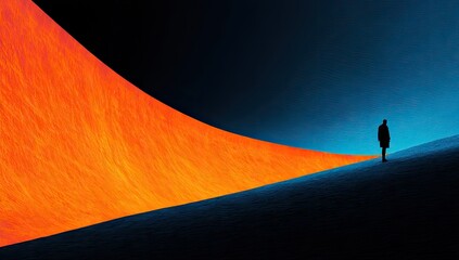 Solitary Figure Contemplating an Orange Abstract Pathway.