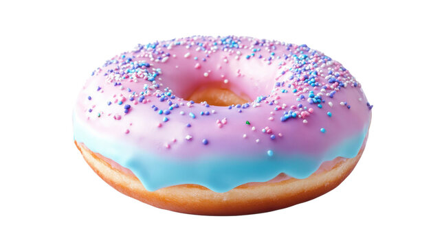 Pink and blue frosted donut with sprinkles isolated on a transparent background