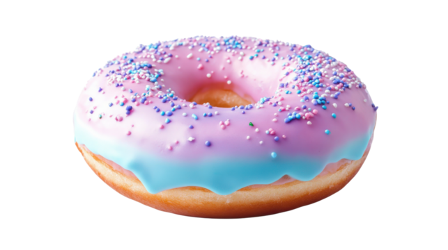 Pink and blue frosted donut with sprinkles isolated on a transparent background