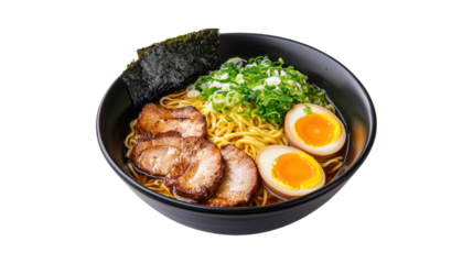 Ramen bowl with pork and egg isolated on a transparent background
